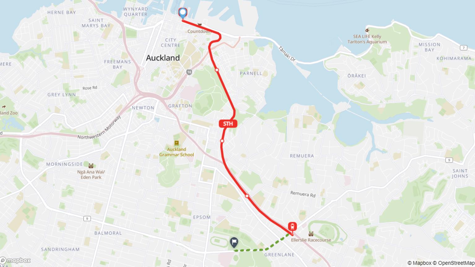 Britomart to Auckland Showgrounds train journey map