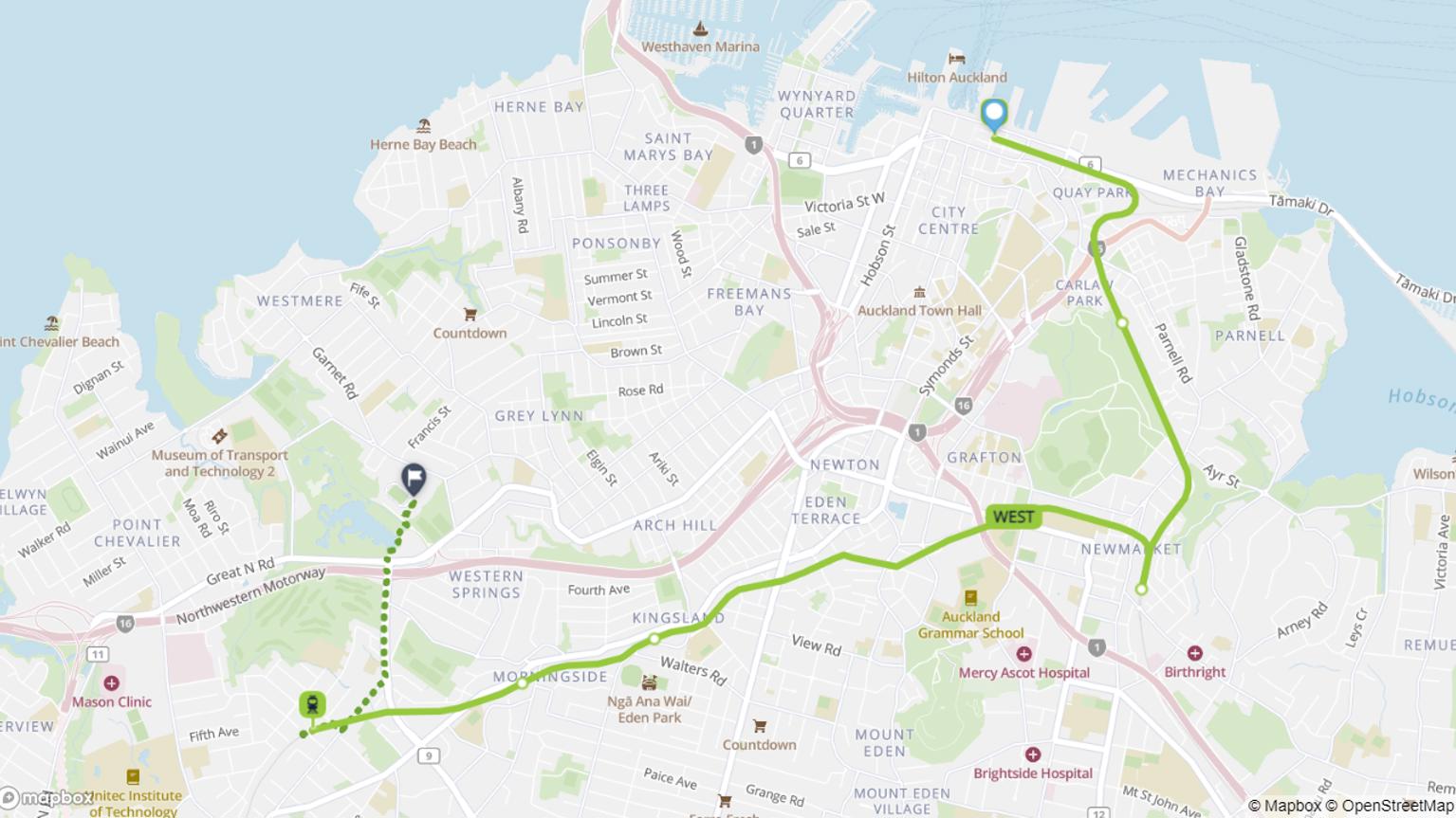 Map showing Britomart to Western Springs Stadium train journey