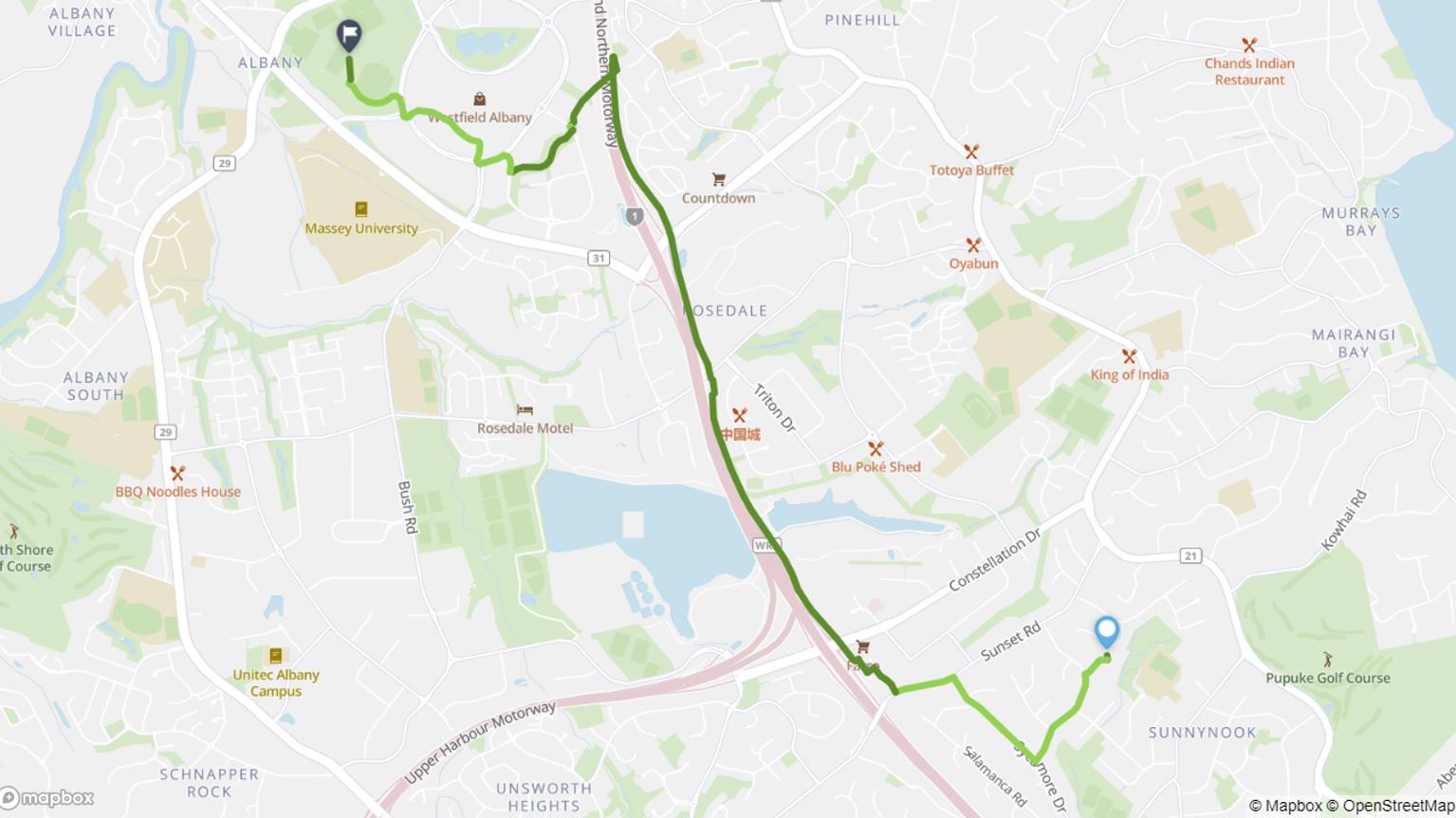 Sunnynook to North Harbour Stadium cycle route map