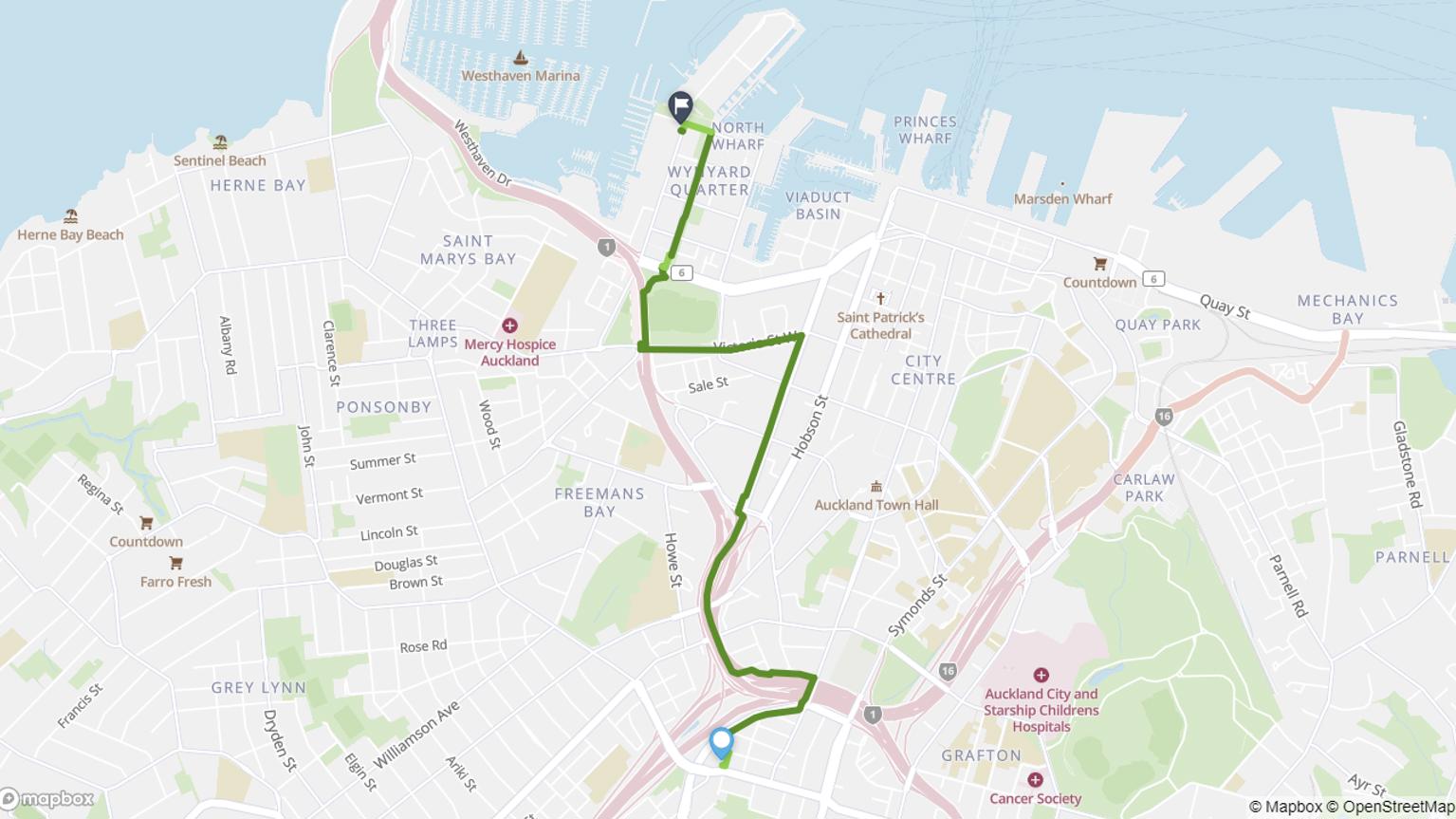Map of cycling route from Newton to Wynyard Quarter