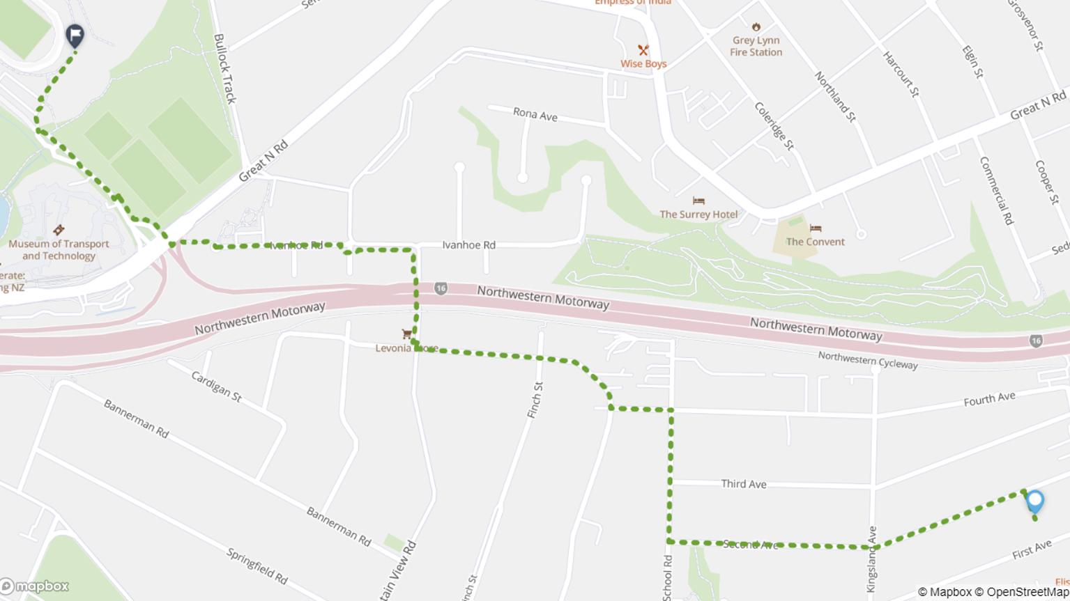 Kingsland to Western Springs Stadium walking route map