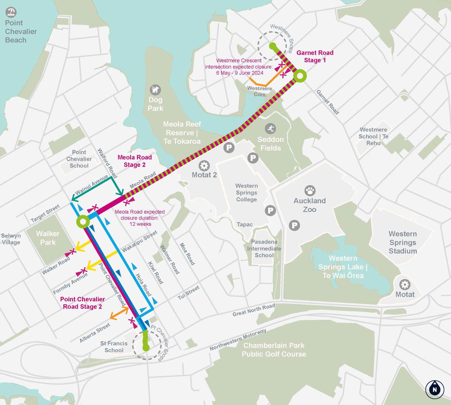 Map showing next stage of the project for Meola Road, Point Chevalier and Garnet Road 28 April to December 2024