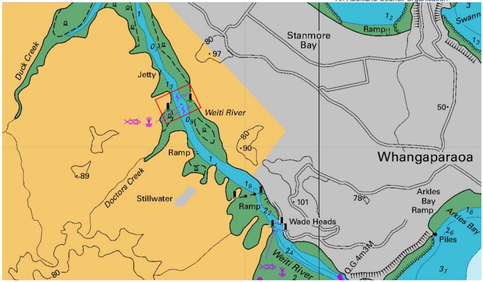 Map of the Weiti River and Stillwater area showing ramps, a jetty