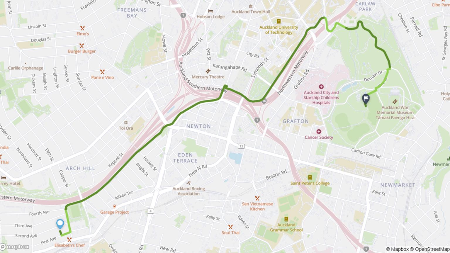 Kingsland to Auckland Domain cycle route map