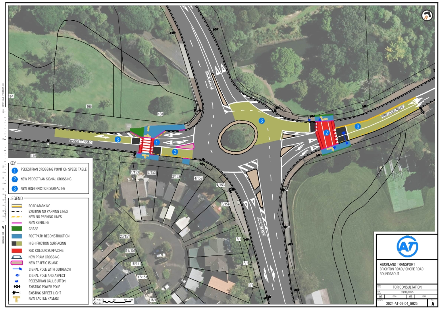Map showing where the works will happen to improve the Basset Road and Brighton Road intersection in Remuera.