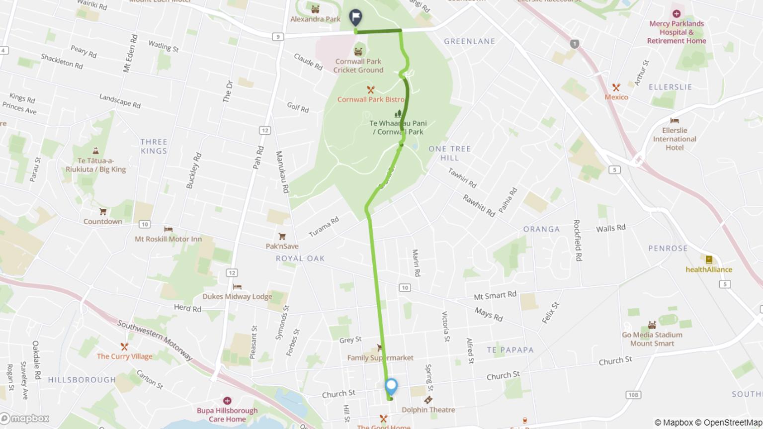 Onehunga to Auckland Showgrounds cycle route map