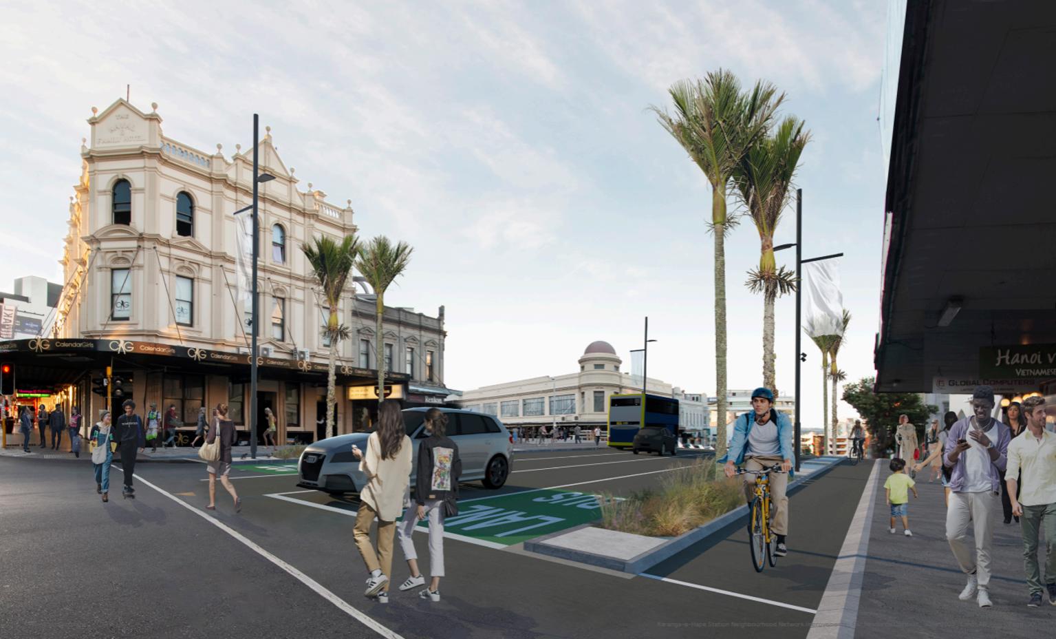 Artists impression of the completed project. People crossing the road, walking down the street and biking along the bike lane.