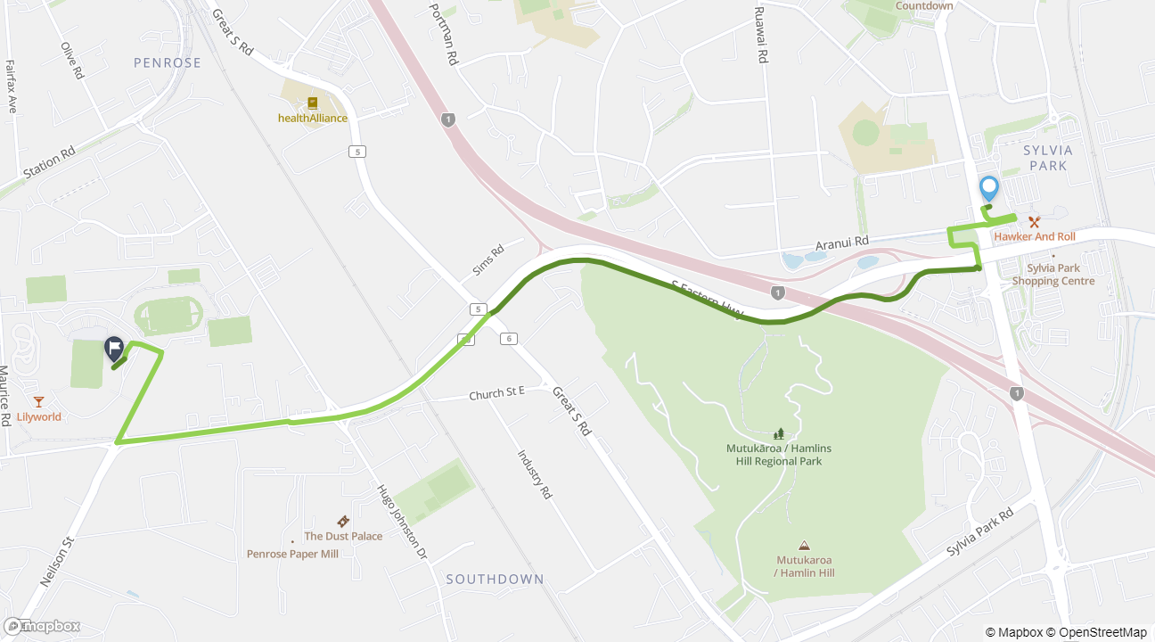 Sylvia Park to Go Media Stadium cycle route map