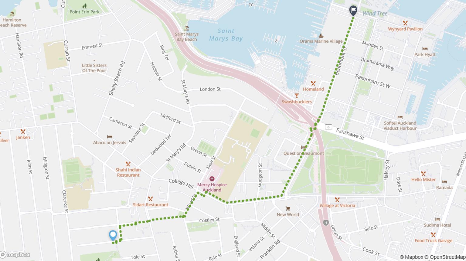 Map showing Ponsonby to Wynyard Quarter walking route