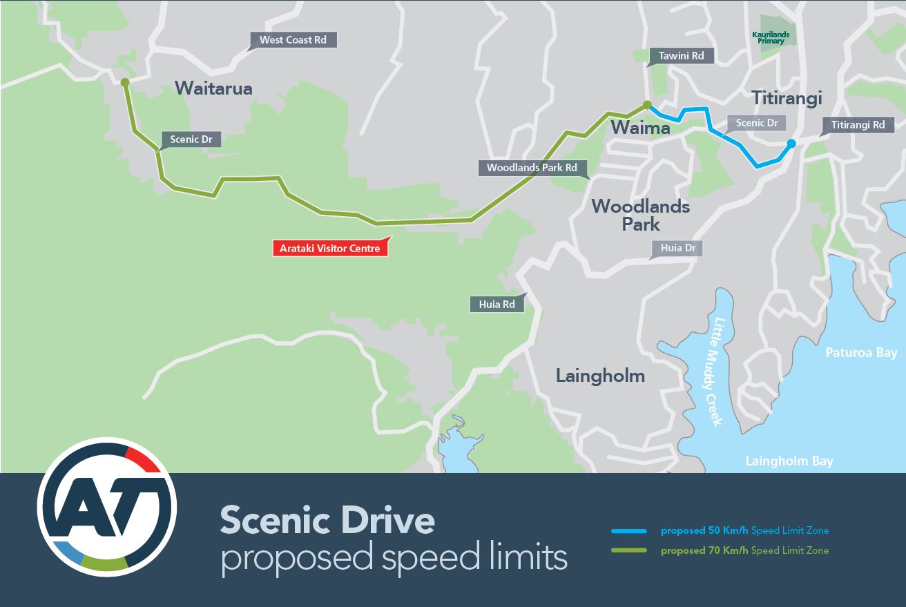 Map of proposed speed zones for Scenic Drive, Auckland