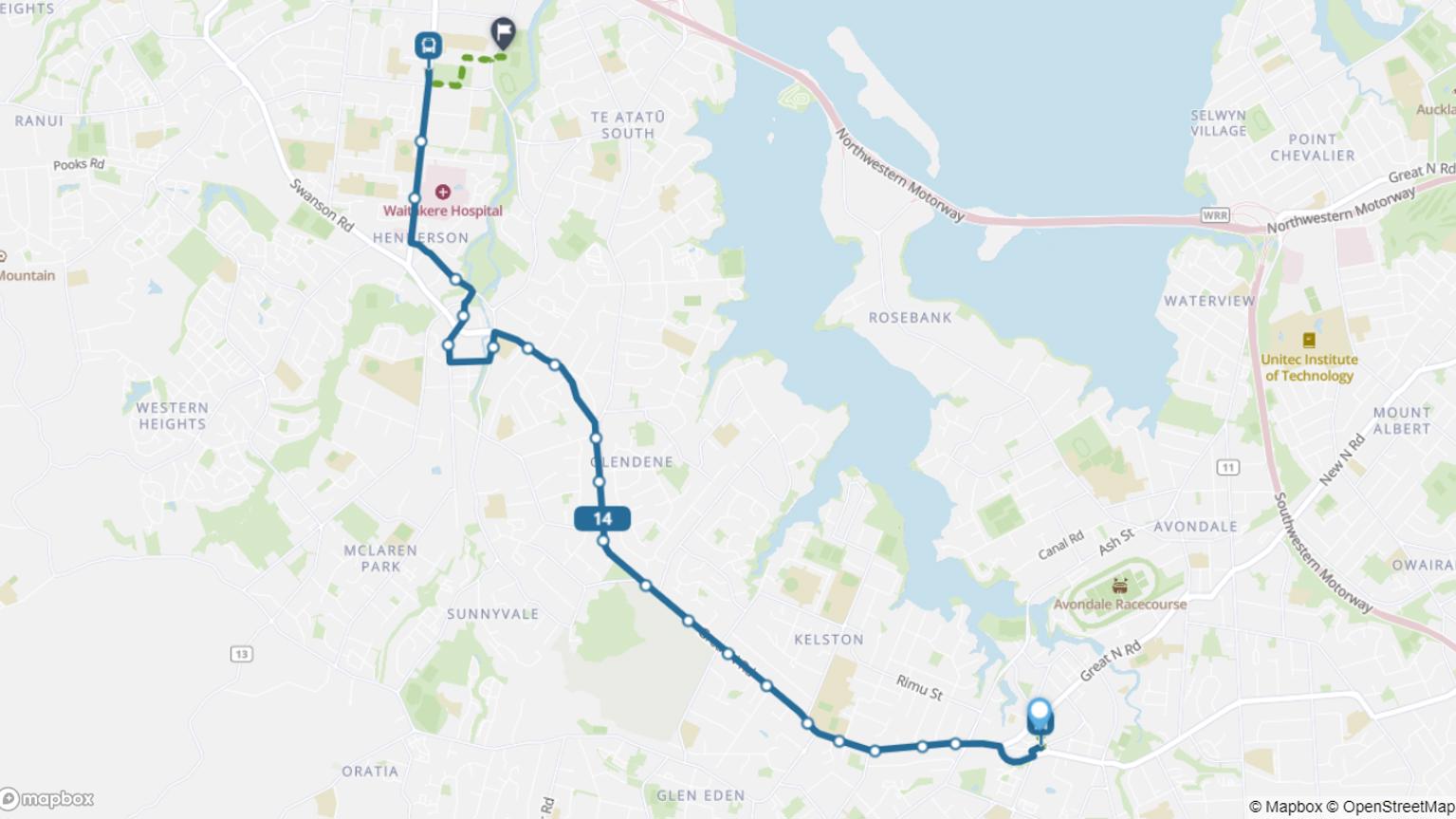 New Lynn to The Trusts Arena bus route 14 map