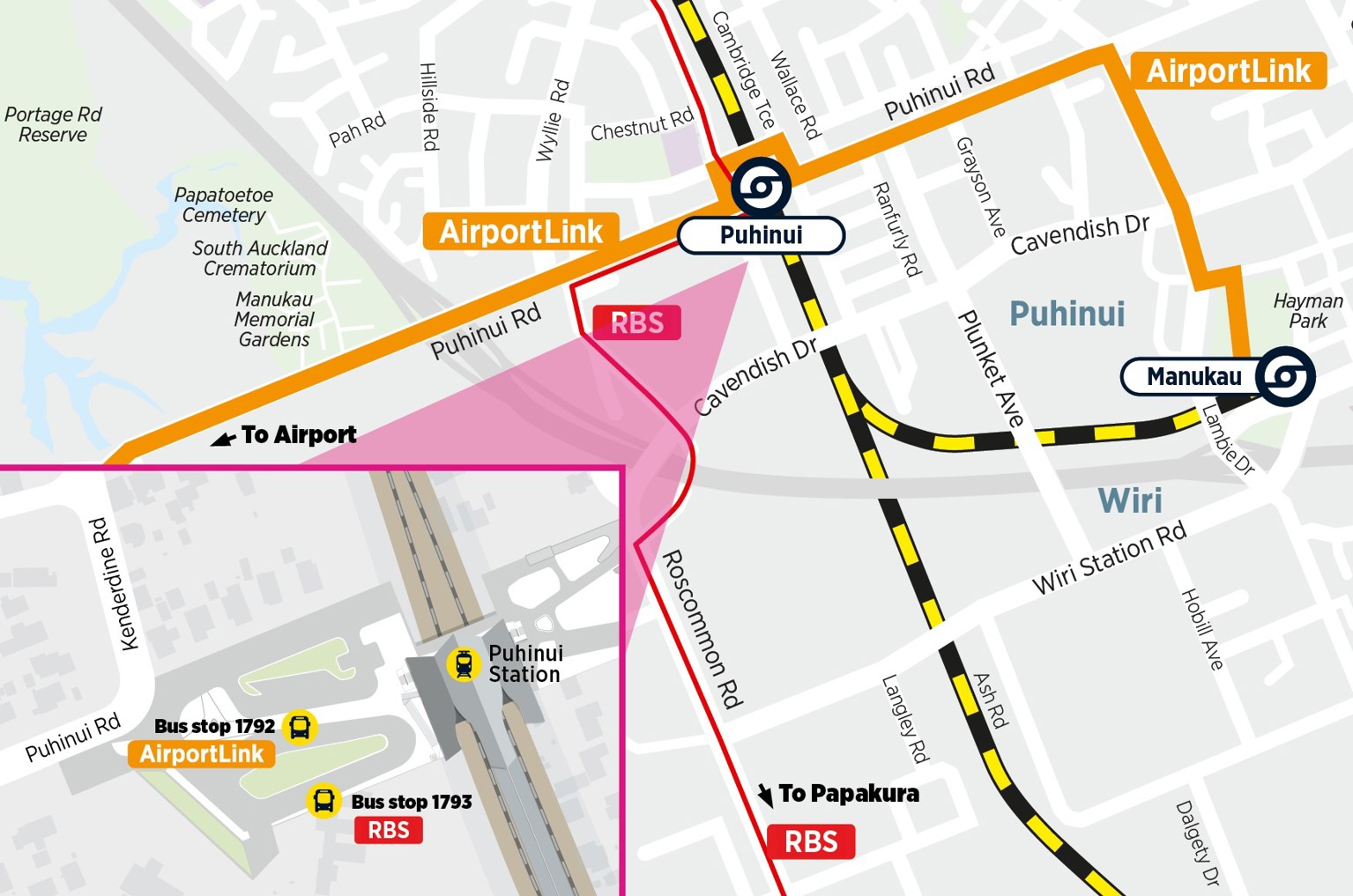 Map of alternative routes from Puhinui Station