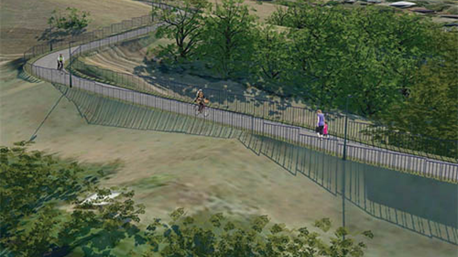 A view looking down on the path winding around a bend. People walk along the easy flat surface. There are barriers to either side of this path.