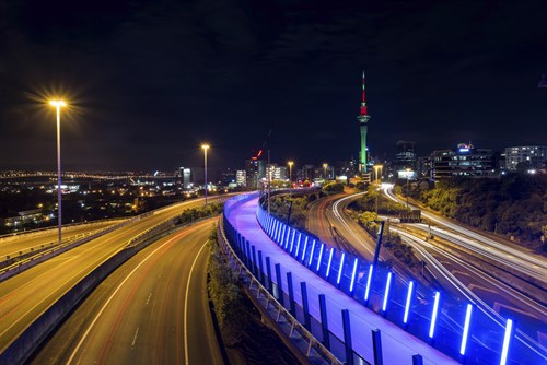 Te Ara i Whiti, the lightpath, lit up at night.