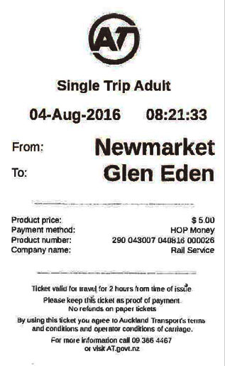 Paper ticket example for an adult travelling from Newmarket to Glen Eden