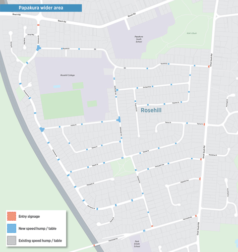 Map of proposed locations for speed calming measures in Rosehill, Papakura