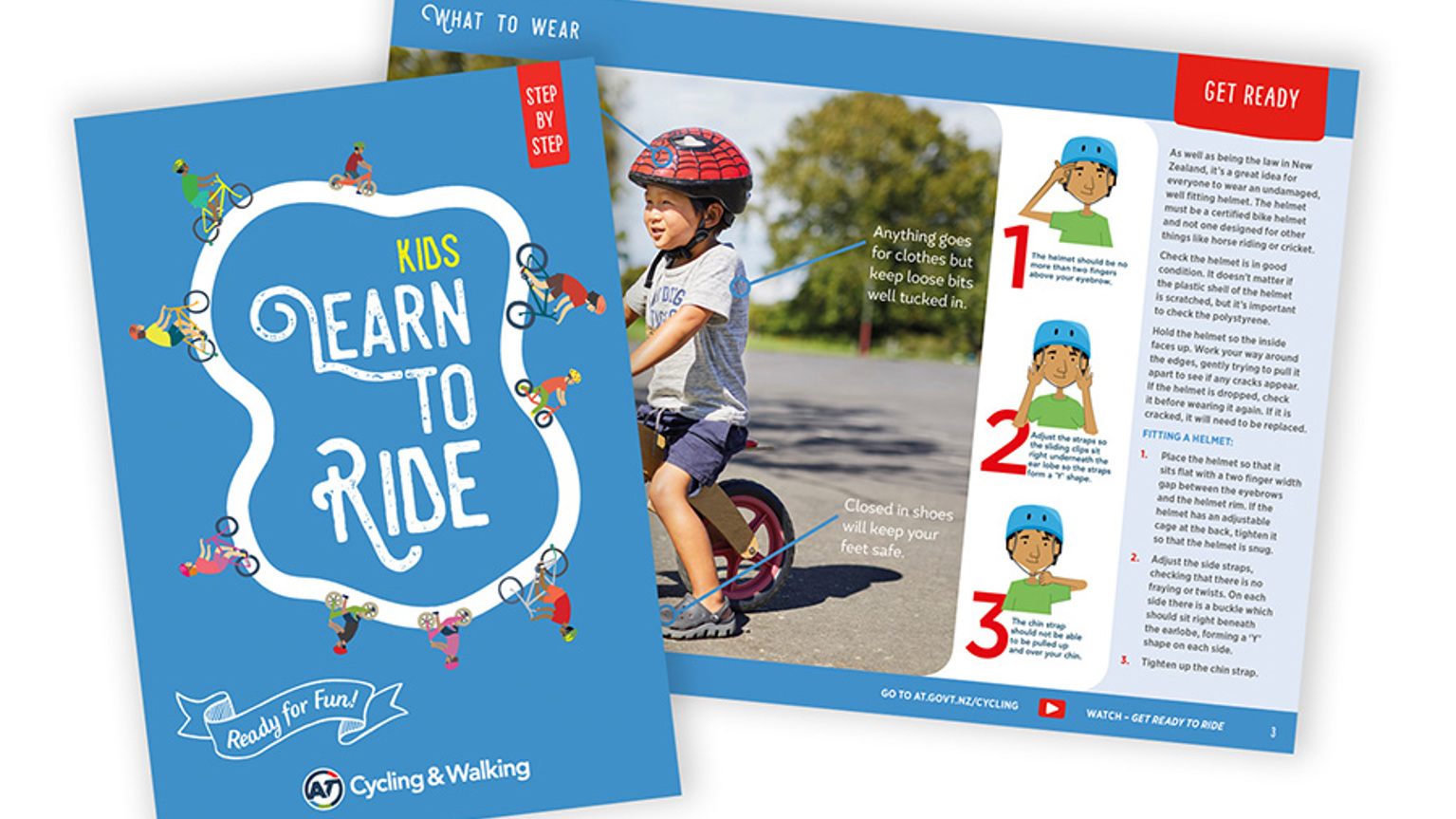 Kids learn to ride booklet front cover and open spread.