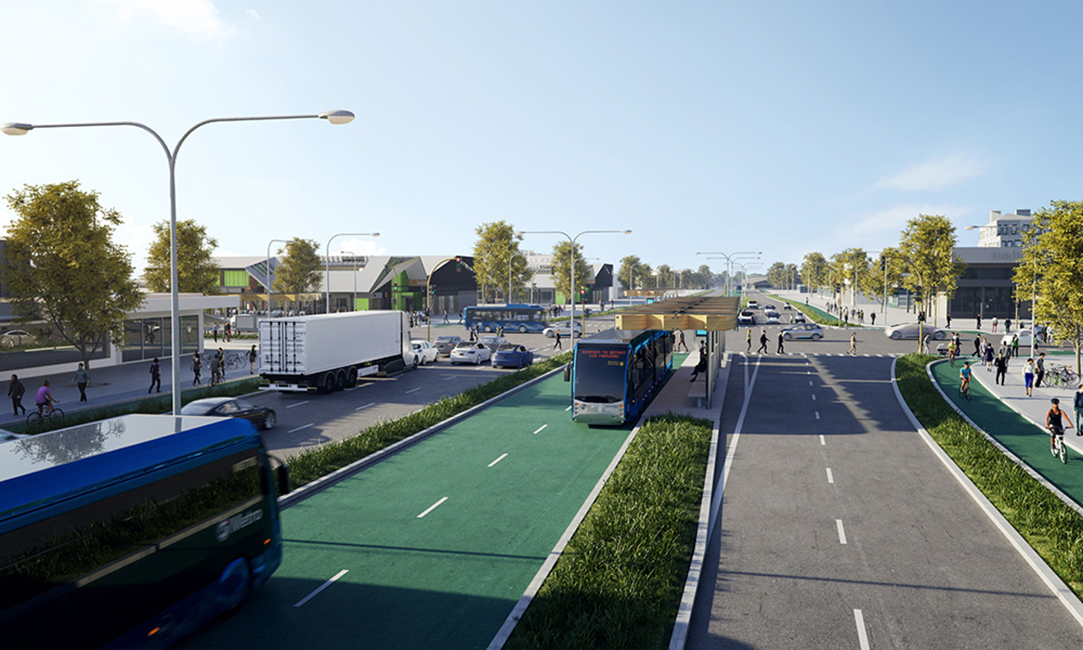 Artist's impression of the Airport to Botany Bus Rapid Transit project on Te Irirangi Drive (Te Irirangi Drive Station).