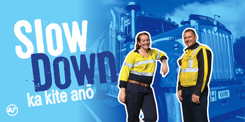 Waiuku billboard showing two truck drivers urging people to slow down.