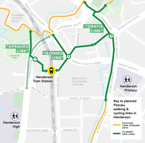 Planned Panuku walking cycling links in Henderson.