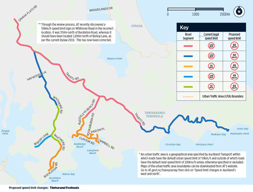 Map showing speeds changes in Tāwharanui Peninsula.