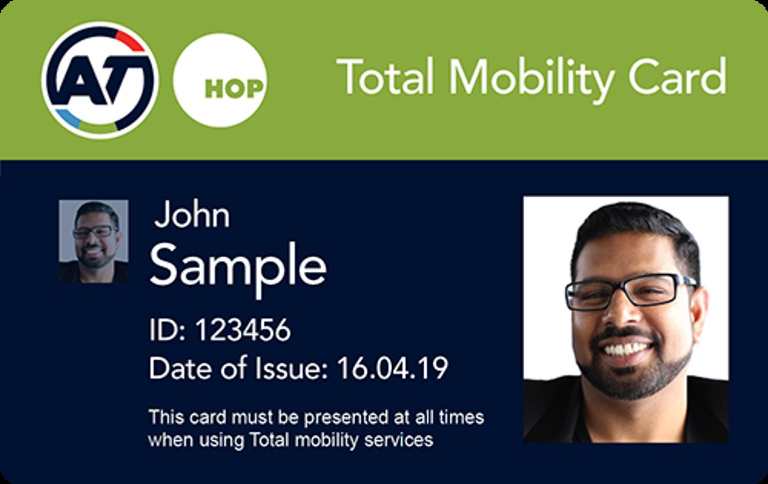 Sample of what a Total Mobility Card looks like. It includes the person's name, their card ID and the date of issue.