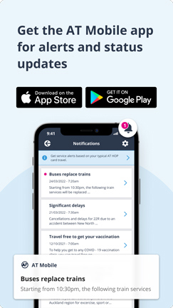 An image with text saying 'Get the AT Mobile app for alerts and status updates'. Below it are two black buttons. One says 'Download on the Apple Store' and the other says 'Get it on Google Play'. Below this is an image of a phone with the AT Mobile app open to a notifications screen. An alert saying that Buses replace trains can be seen.