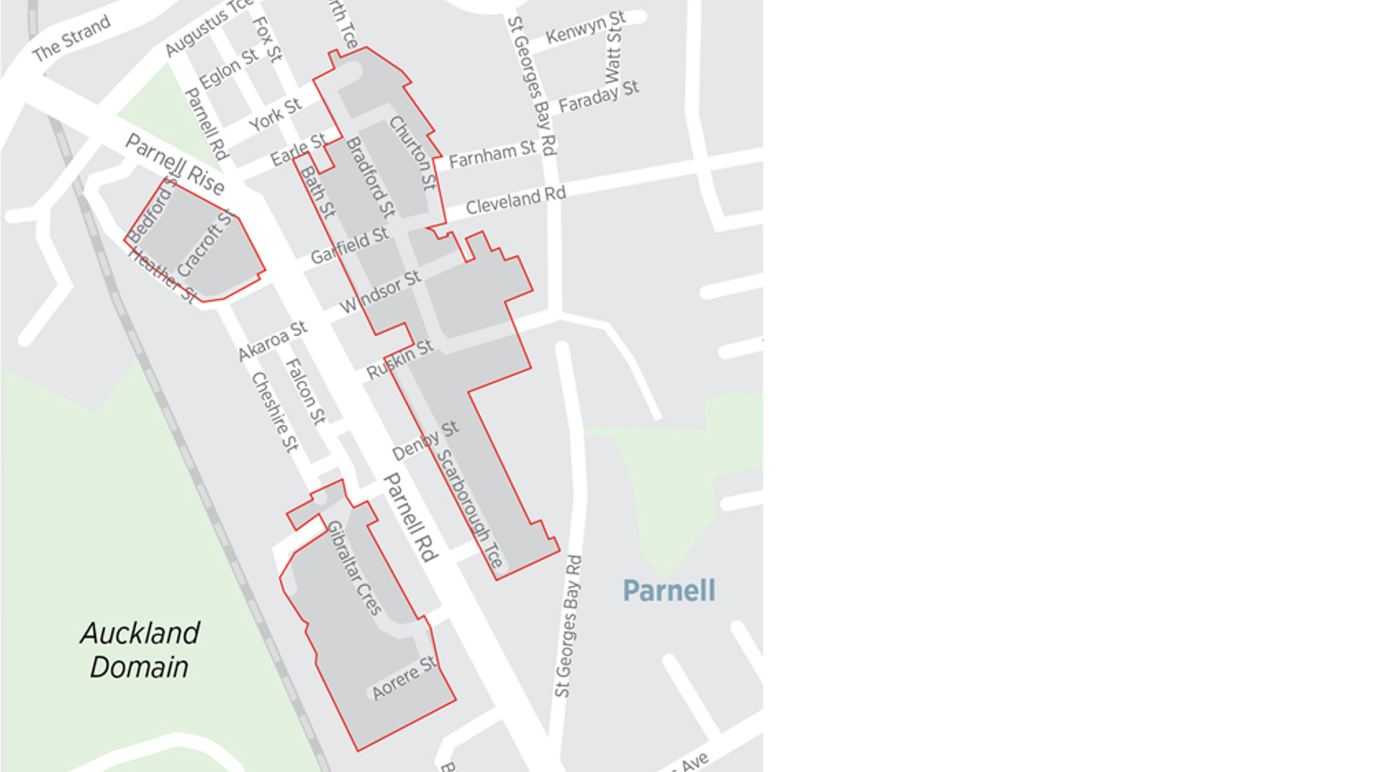 Map of Parnell Central with the resident parking zone boundaries indicated with red lines.