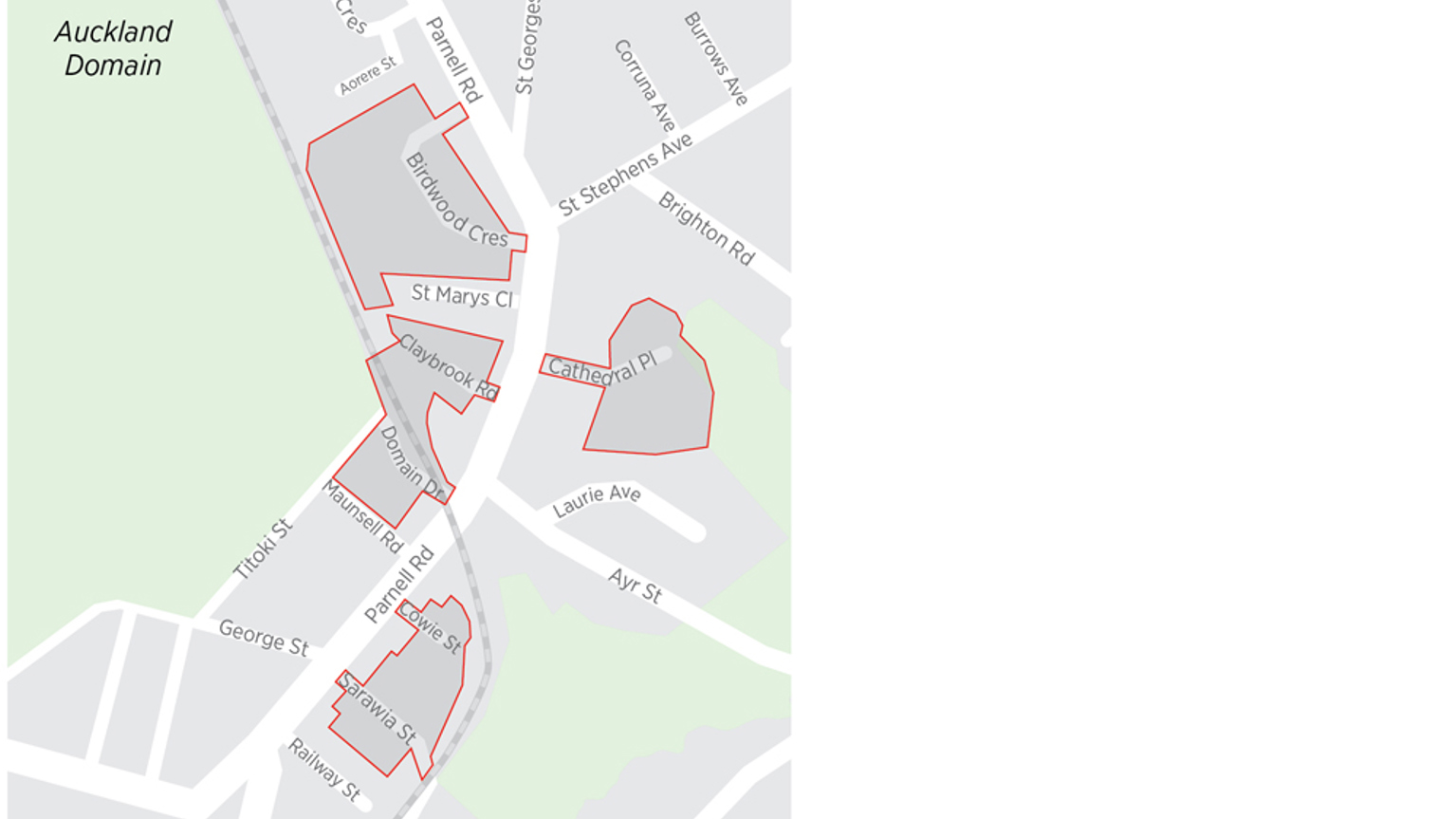 Map of Parnell South with the resident parking zone boundaries indicated with red lines.