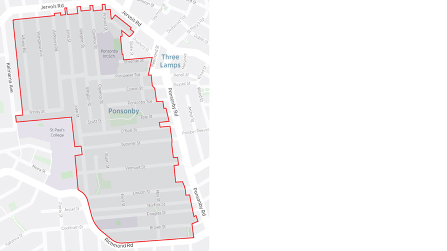 Map of Ponsonby extension with the resident parking zone boundaries indicated with red lines.