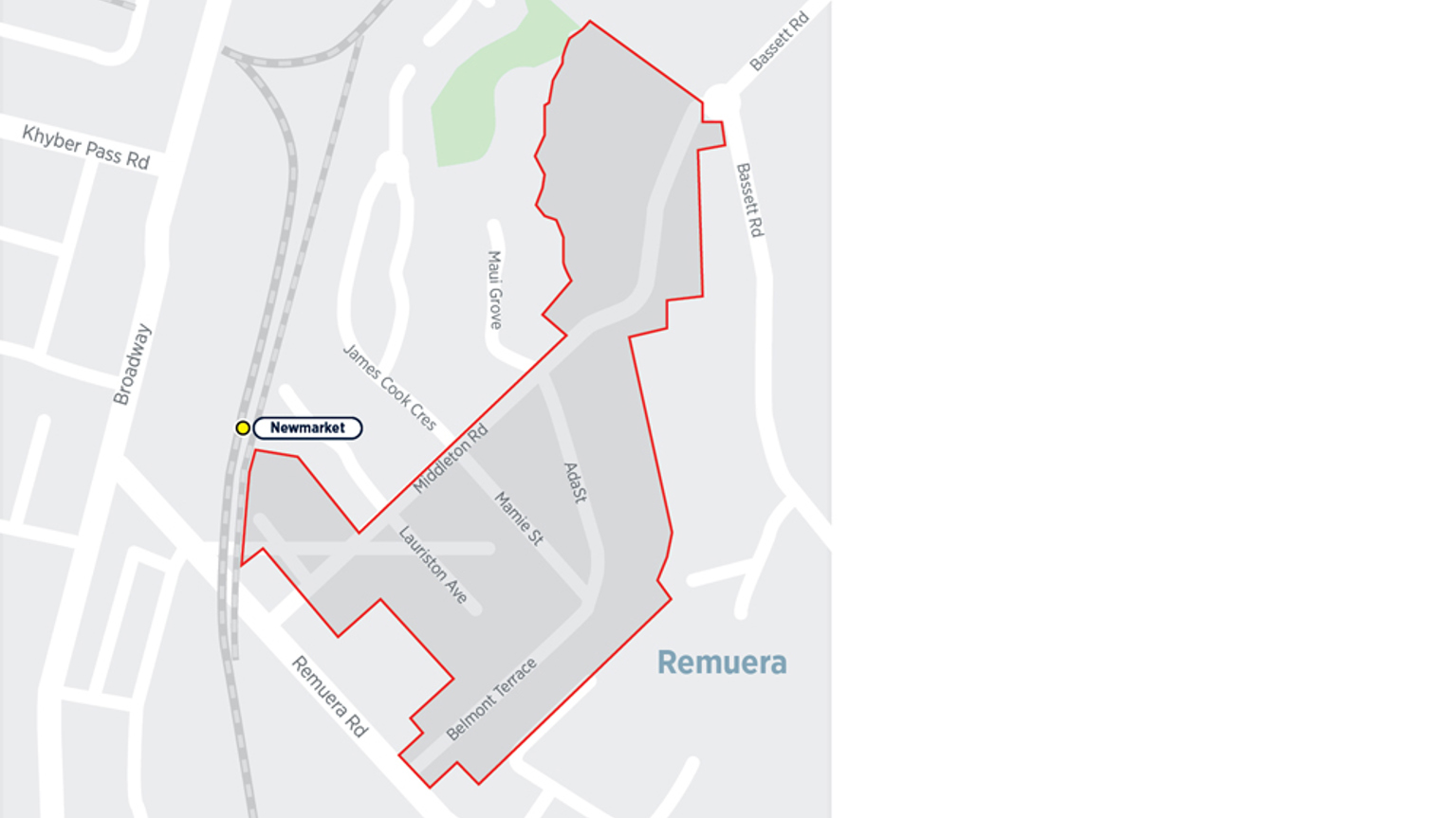 Map of Remuera with the resident parking zone boundaries indicated with red lines.