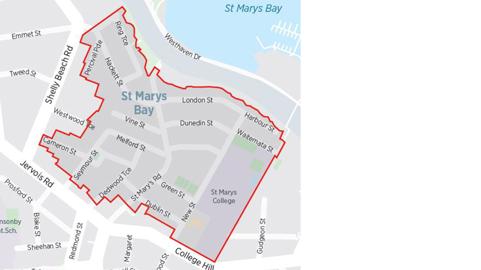 Map of St Mary's Bay with the resident parking zone boundaries indicated with red lines.