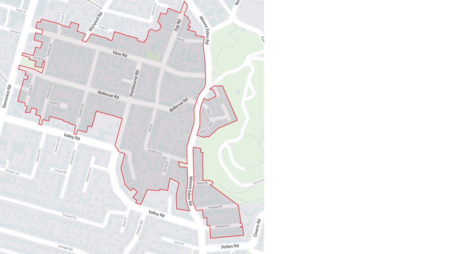 Map of Mount Eden Central with the resident parking zone boundaries indicated with red lines.