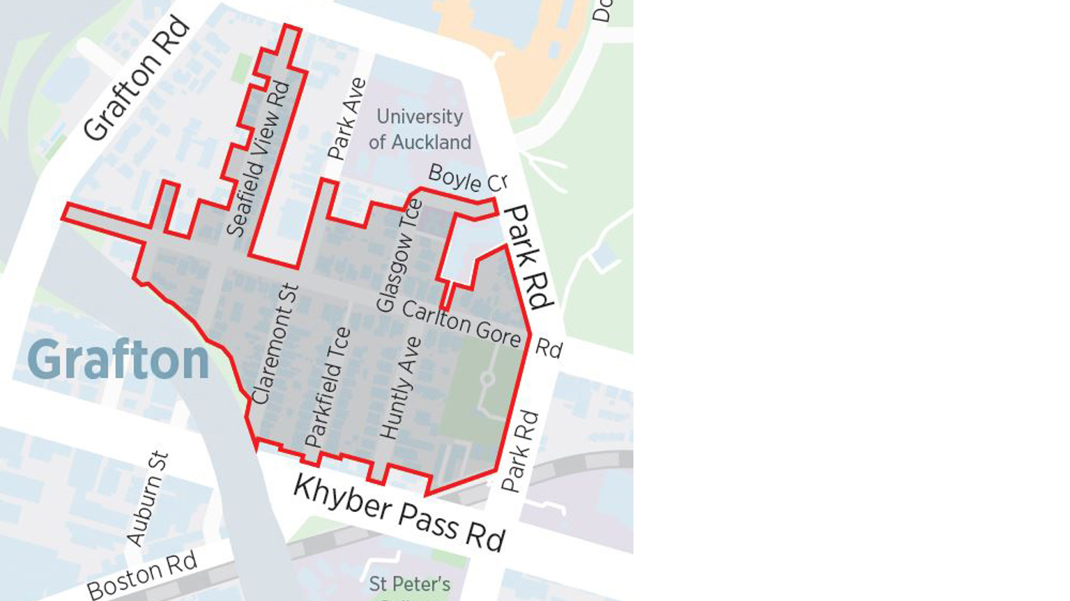 Map of Grafton with the resident parking zone boundaries indicated with red lines.