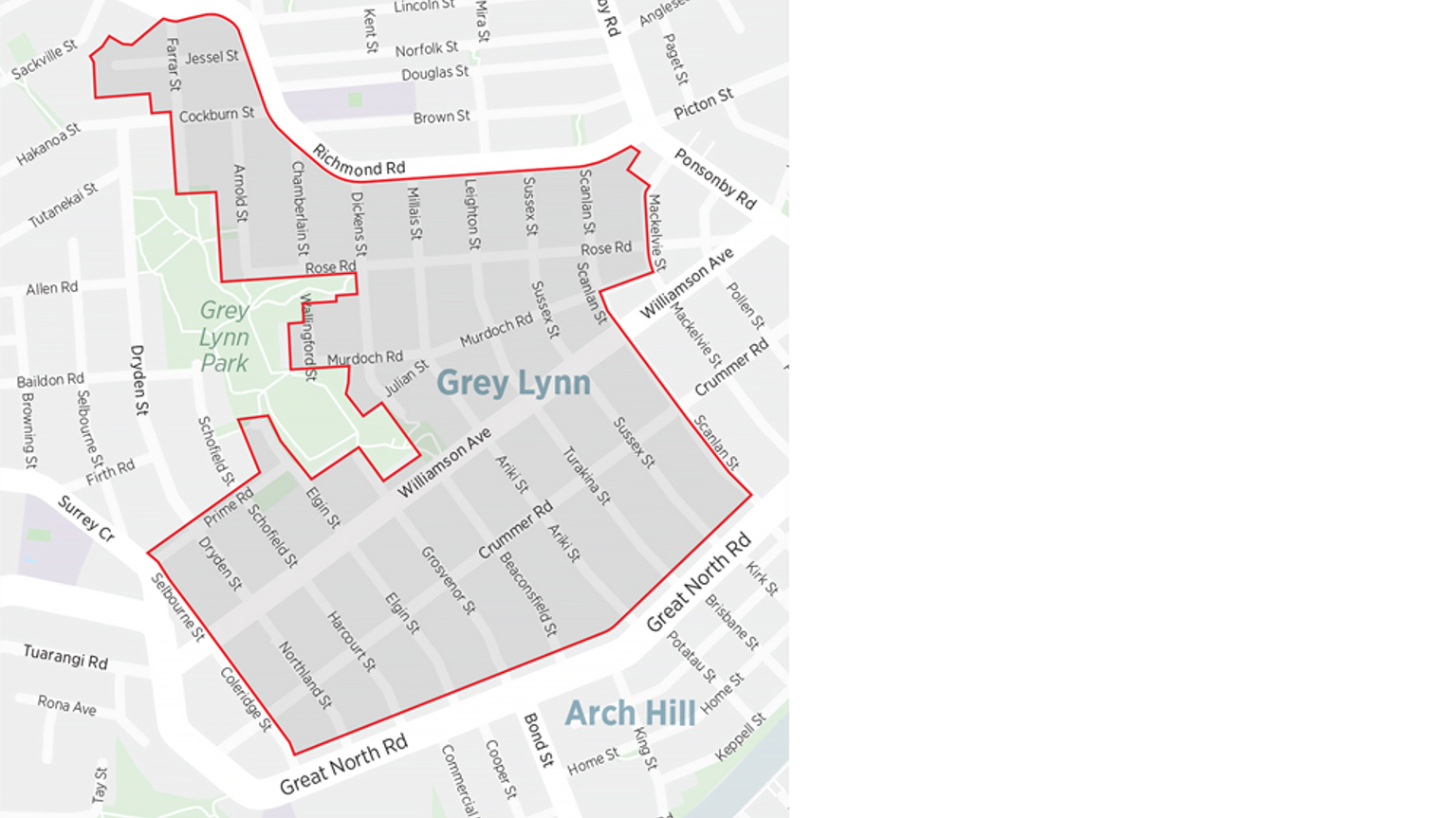 Map of Grey Lynn with the resident parking zone boundaries indicated with red lines.