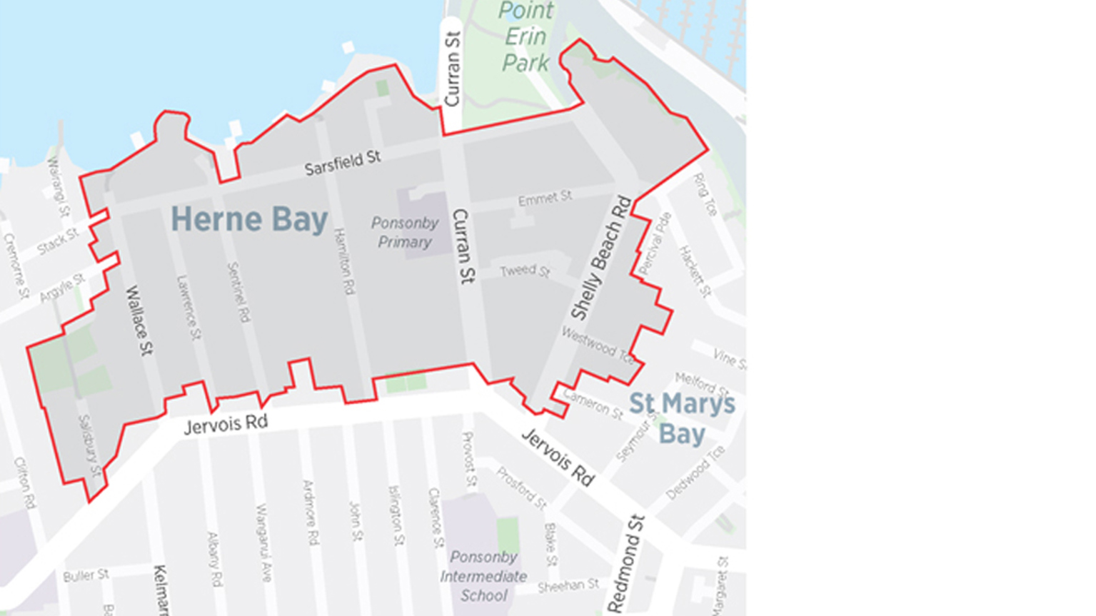 Map of Herne Bay with the resident parking zone boundaries indicated with red lines.
