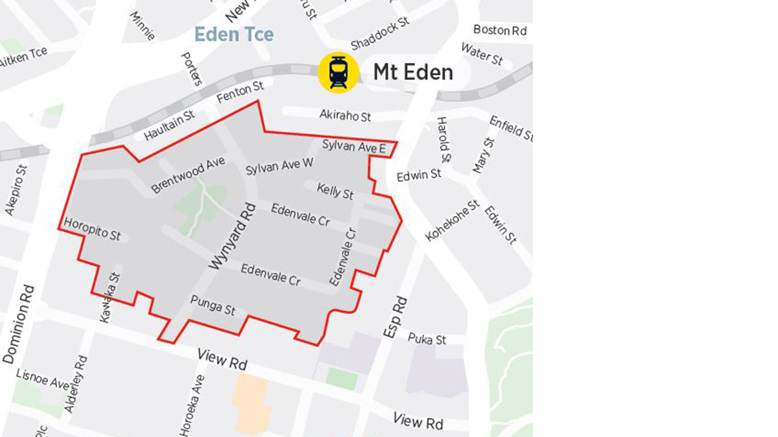 Map of Mount Eden with the resident parking zone boundaries indicated with red lines.