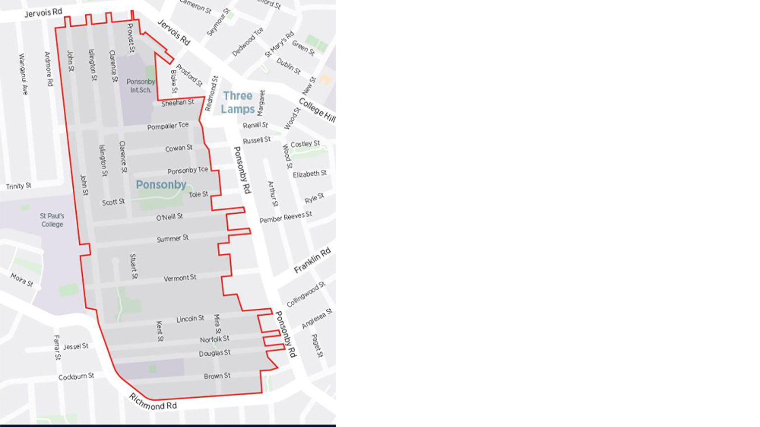 Map of Ponsonby with the resident parking zone boundaries indicated with red lines.