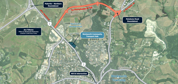 A map in satellite view of Warkworth with the Warkworth Community Transport Hub in the centre, and Te Honohono ki Tai (Matakana link road) in red at the top.