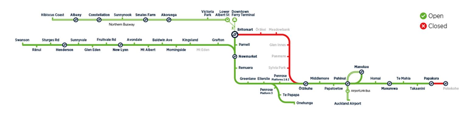 A map of Auckland's rail network during Stage 2 of the Rail Network Rebuild. 5 stations on the Eastern Line will be closed during Stage 2: Ōrākei, Meadowbank, Glen Innes, Panmure and Sylvia Park.