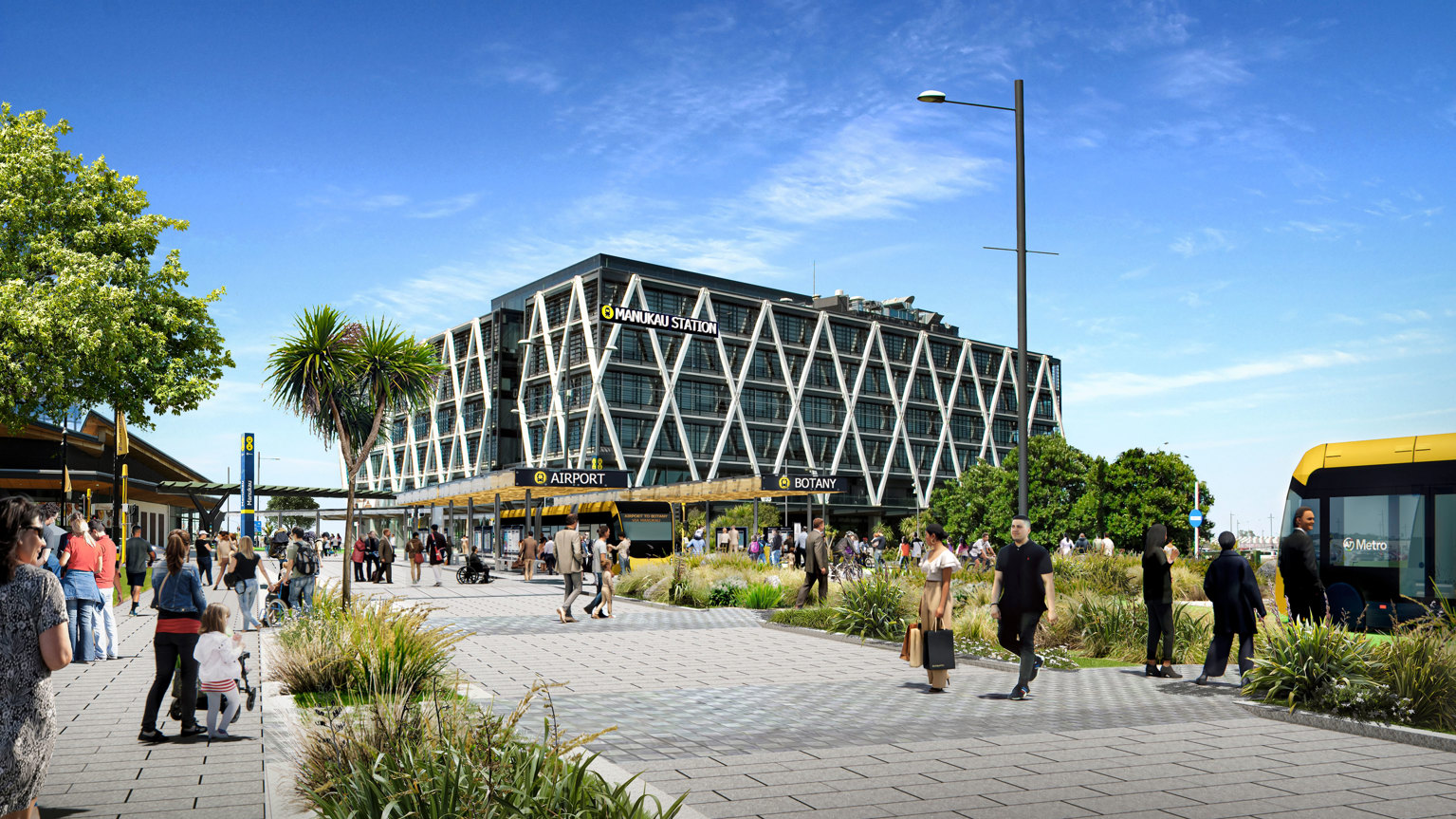Artist's impression of the Airport to Botany Bus Rapid Transit project in Manukau Central (Davies Avenue Station).