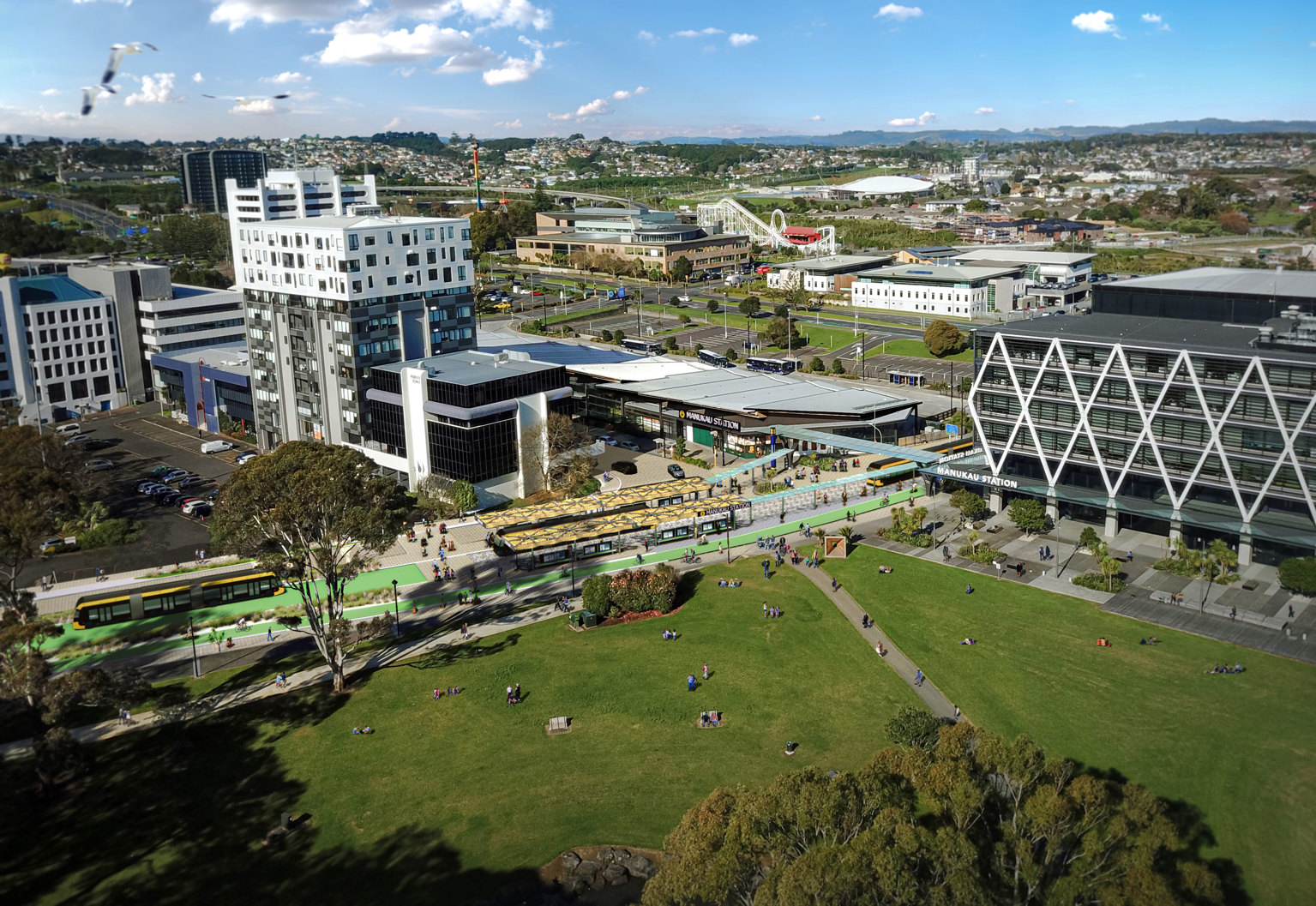 Artist's impression of the aerial view of the Airport to Botany Bus Rapid Transit project in Manukau Central (Davies Avenue Station by the Manukau Bus and Train Stations).