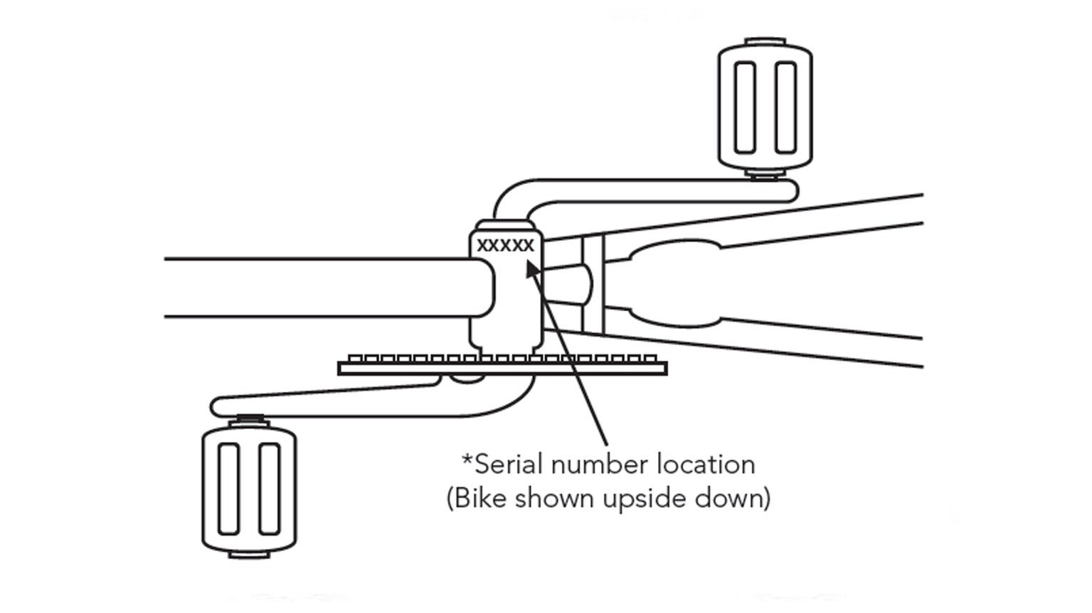 Diagram showing bike pedals and an arrow pointing to bike serial number above left pedal.