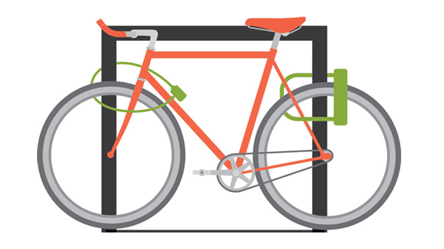 Diagram of bike showing a chain lock around the front wheel and handle bars and a D-lock around the back wheel and seat. The lock secure the bike to a bike park.