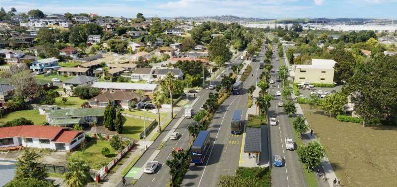 AT Bus and Auckland city background 
