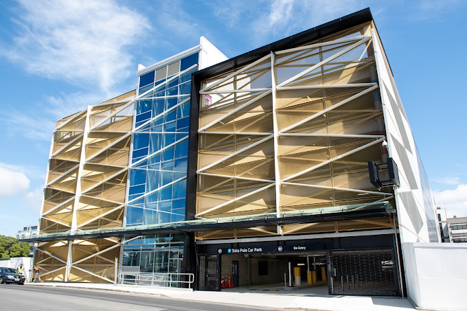 Exterior of the Toka Puia car park building in Takapuna.