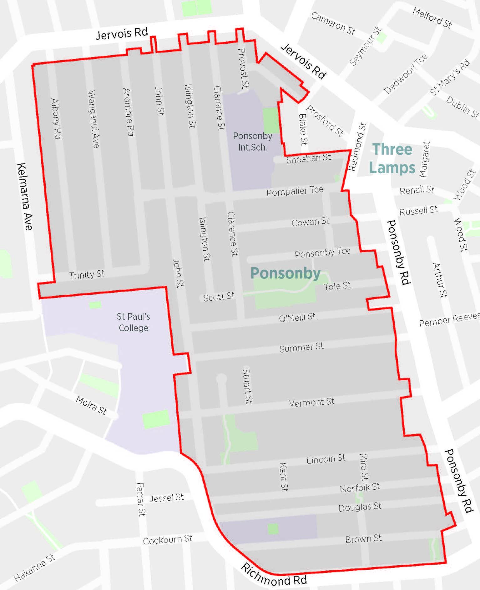 Map of Ponsonby with the resident parking zone boundaries indicated with red lines.