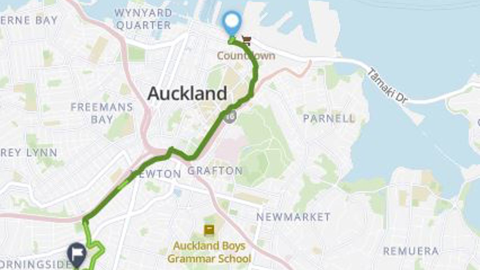 Zoomed out map of cycle route from Britomart to Eden Park.