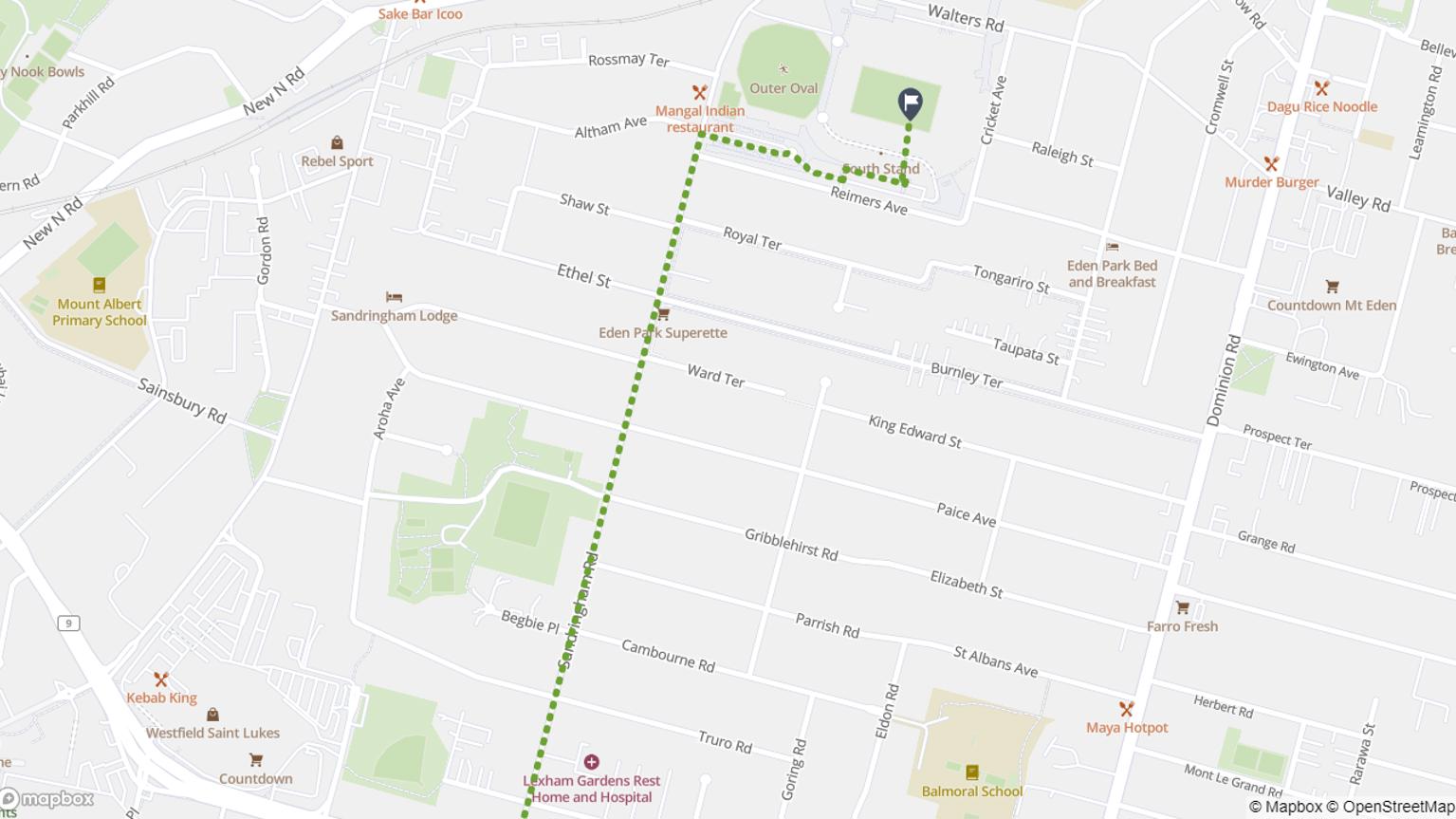 Map of walking route from Sandringham to Eden Park.