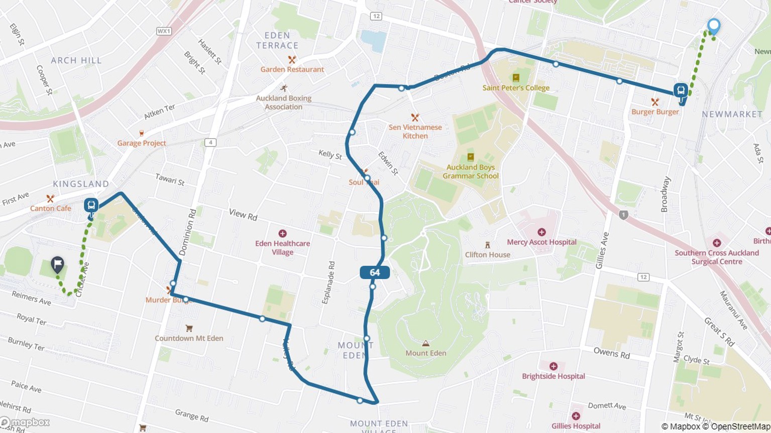 Map of bus route 64 from Newmarket to Eden Park